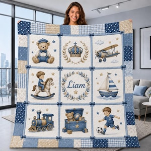 May include: A quilted blanket featuring a grid of nine squares with blue and beige patterns. Illustrations include a teddy bear, a crown, an aeroplane, a child on a rocking horse, a sailboat, a train, a toy chest, and a child playing football.