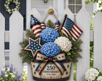 Patriotic Wood Sign, 250th Anniversary Door Hanger, Americana Hydrangea Wreath Decor, Independence Day Wall Art, GIFT 2026, 250 USA Home