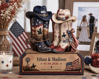 Personalized Cowboy Boots Wooden Block, Patriotic Wedding Gift, Western Couple Decor, Fourth of July Keepsake, Rustic Love, GIFT 2026