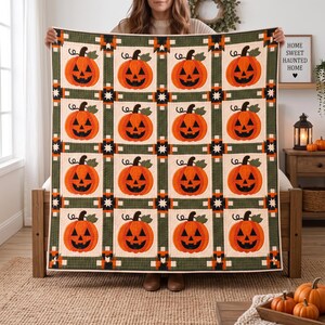Coperta patchwork Jack O'Lantern, design a quadri di Halloween con zucche, biancheria da letto autunnale vintage spettrale, regalo accogliente per la casa autunnale 2026, Boo