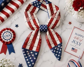 4th Of July Patriotic Silk Scarf, Custom USA Flag Hair Wrap, Independence Day Plaque, Memorial Veteran Gift, Red White Blue Tie, GIFT 2026