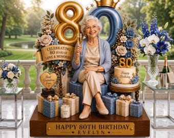 Puede incluir: Una decoración de 80 cumpleaños con una persona mayor sosteniendo una copa de champán, rodeada de globos dorados y azules con forma de 80, arreglos florales, cajas de regalo y un pastel con la inscripción Happy Birthday.