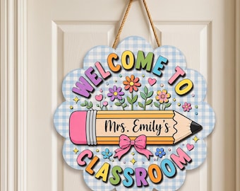 Personalized Teacher Door Sign, Welcome Classroom Decor, Custom Pencil Name Plaque, Wooden School Sign, GIFT 2026, Teacher Gift, Gingham