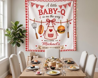 Personalized Baby-Q Baby Shower Tapestry, BBQ Welcome Banner, Custom Nursery Wall Decor, Gingham Party Backdrop, GIFT 2026, Baby Shower Gift