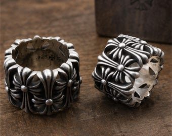 CH Chrome Hearts Style Cross Spinner Ring, Gothic Sterling Silver Biker Ring, Vintage Punk Statement Band for Men Women Jewelry Gift