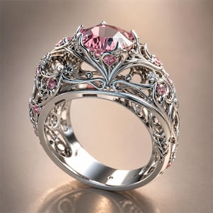 May include: A silver ring featuring a large, round, faceted pink center stone held by prongs. The band and setting are crafted with intricate, openwork metal filigree patterns, accented with smaller, round pink stones embedded throughout the design.