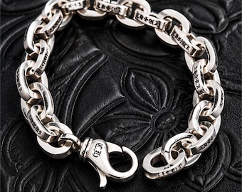 クロムハーツ風シルバーキューバンリンクブレスレット、ゴシック彫刻入りヘビーチェーンブレスレット、パンクロックバイカージュエリーギフト（男性・女性向け）