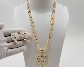 Gold Plated Beaded Necklace Set, Multicolor Ethnic Jewelry, Traditional Design Earrings