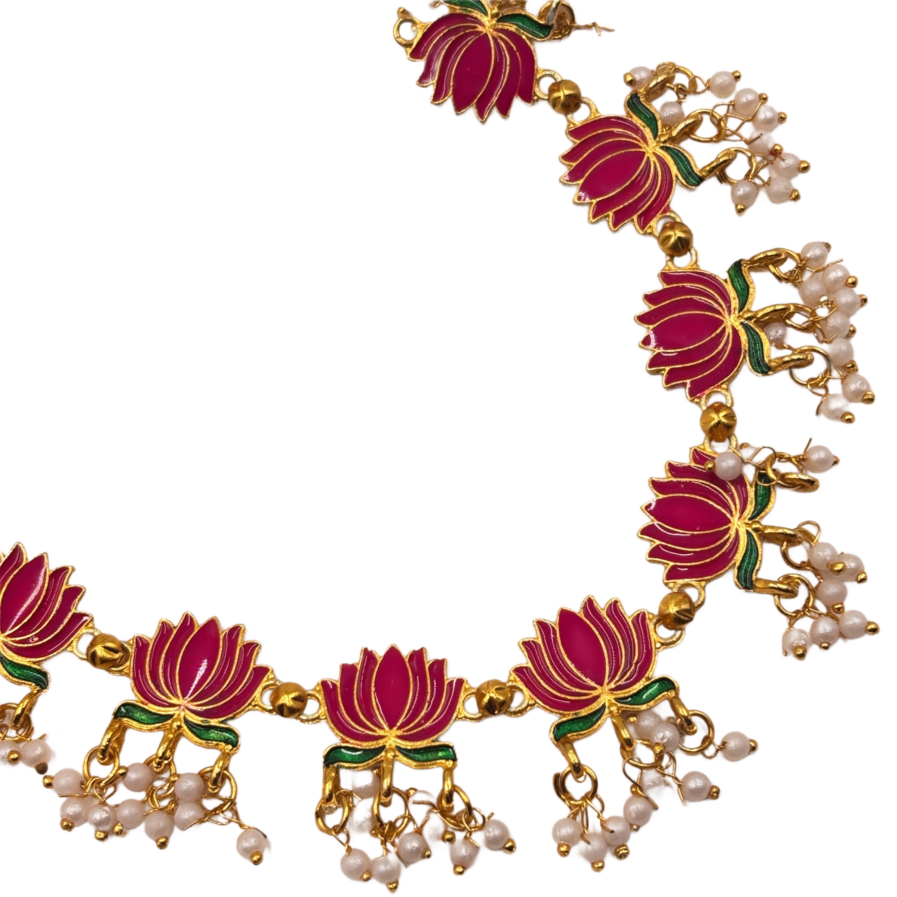 Gold Plated Lotus Design Necklace Set: Indian Wedding, Temple Jewelry