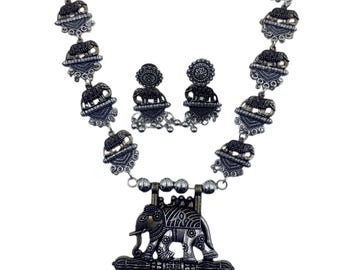Women Oxidised Silver Plated Golden Touch Elephant Pendent Necklace Set Gift For Her