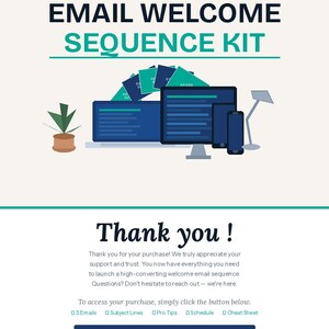 Puede incluir: Anuncio de un kit de secuencia de bienvenida por correo electrónico digital. El diseño presenta una computadora, una tableta y un teléfono, con el texto "EMAIL WELCOME SEQUENCE KIT". Un botón "DOWNLOAD NOW" es prominente.
