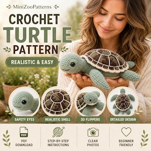 Op de afbeelding: Een haakpatroon voor een schildpad van MiniZooPatterns met een lichtgroen lichaam en een donkerbruin schild met witte accenten. De afbeelding bevat tekstlabels voor veiligheidsogen, realistisch schild, 3D-vinnen en gedetailleerd ontwerp.