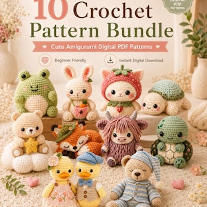 Puede incluir: Un paquete de patrones PDF digitales titulado 10 Crochet Pattern Bundle que presenta 10 figuras amigurumi de ganchillo, incluyendo una rana, conejo, gato fresa, tortuga, oso con estrella, zorro, vaca de las tierras altas y un oso en pijama.