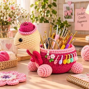 May include: A crochet turtle organiser in shades of pink and cream, featuring a deep magenta shell that functions as a holder for various metal and wooden crochet hooks, scissors, and colourful plastic stitch markers attached to the side.