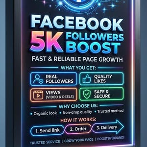 Op de afbeelding: Een rechthoekig digitaal displaybord met een oplichtend blauw Facebook-logo en de tekst FACEBOOK 5K FOLLOWERS BOOST. Het bord vermeldt servicekenmerken zoals echte volgers, kwaliteitslikes, weergaven en veilige en beveiligde leveringsmethoden.