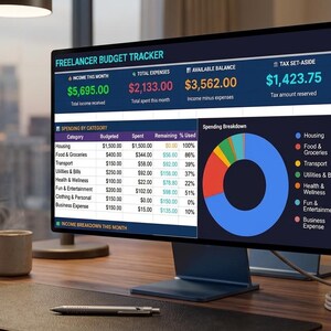 May include: A computer monitor displays a "Freelancer Budget Tracker" with financial data, including income, expenses, and a spending breakdown pie chart. A coffee cup and pen sit on the wooden desk.