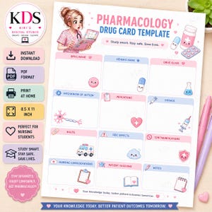 May include: A pharmacology drug card template featuring a cartoon nurse holding a binder, with sections for drug name, generic name, class, mechanism of action, indications, dosage, route, side effects, contraindications, and nursing considerations.
