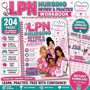 Pode incluir: Caderno de exercícios LPN Nursing Review & Practice com encadernação em espiral, quatro enfermeiras ilustradas em uniformes rosa, um estetoscópio e o texto Compassion is our Superpower. Inclui 204 páginas, download digital e ferramentas.