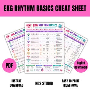 May include: A digital EKG Rhythm Basics cheat sheet featuring a table of cardiac rhythms, including normal sinus rhythm, sinus bradycardia, and atrial fibrillation. The document includes columns for rate, rhythm, P-wave, PR interval, and QRS duration.