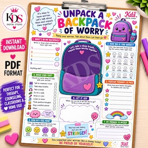 May include: A printable worksheet titled Unpack a Backpack of Worry featuring a purple backpack illustration, numbered sections for writing and drawing, emotional check-in scales, and colorful icons including hearts, stars, and a rainbow.