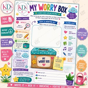 May include: A printable "My Worry Box" worksheet for children and teenagers. The design includes a box, instructions, and calming ideas. The worksheet is 21.6 x 27.9 cm and supports mental wellness.