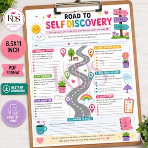 May include: A Road to Self Discovery worksheet on a clipboard, featuring a winding road graphic, numbered sections from 1 to 7, colourful illustrations of a sun, flowers, a rainbow, and hearts, with text prompts for personal reflection and goal setting.