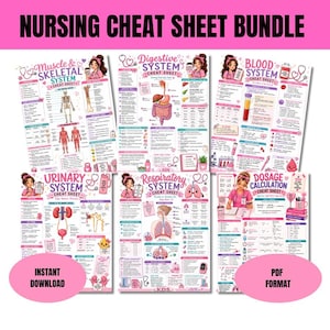 May include: A nursing cheat sheet bundle featuring six educational charts with pink accents. The sheets cover the muscle and skeletal, digestive, blood, urinary, and respiratory systems, plus dosage calculations, with illustrations and medical text.