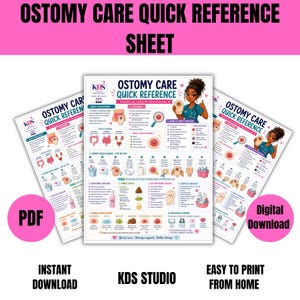 May include: A digital Ostomy Care Quick Reference sheet featuring educational diagrams, step-by-step instructions, and illustrations of a healthcare professional. The document includes sections on stoma types, pouch changes, and skin care tips.
