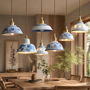 Keramik Pendelleuchte Blau Floral Shade Messing Befestigungs Vintage-Küche Island-Beleuchtung