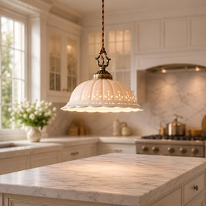 May include: A cream-coloured ceramic pendant light with a scalloped edge and decorative cutouts hangs above a marble countertop in a kitchen. The light fixture has a bronze-coloured metal top and a brown cord. The kitchen has white cabinets and a stainless steel cooker.