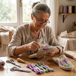 May include: A pair of beige espadrilles featuring embroidered purple lavender sprigs and green stems on the upper fabric. The shoes have a woven jute sole and are displayed alongside embroidery thread, scissors, and a wooden awl tool.