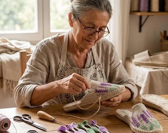 Sandalias planas de paja tejida para mujer / Sandalias planas de lino con punta cerrada y bordado / Pantuflas de playa transpirables para el verano