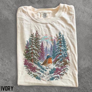 Maglietta con grafica del pettirosso invernale anni '90, maglietta con pettirosso innevato, berretto con pettirosso accogliente, maglietta regalo per gli amanti del pettirosso, colori confortevoli ispirati alla fauna selvatica