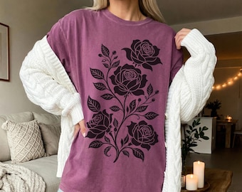 Maglietta vintage con rose e motivi floreali, maglietta botanica con rose, maglietta floreale in stile cottagecore, maglietta grafica floreale gotica, regalo per lei, colori comodi per gli amanti dei fiori