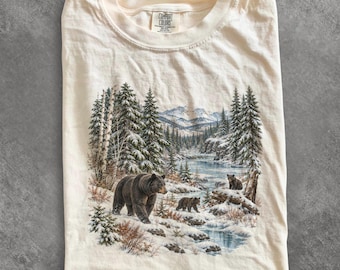 Maglietta invernale anni '90 con orso nero, felpa con famiglia di orsi, maglietta vintage con animali selvatici, felpa con orso delle nevi, maglietta a tema natura selvaggia, regalo per amanti della natura