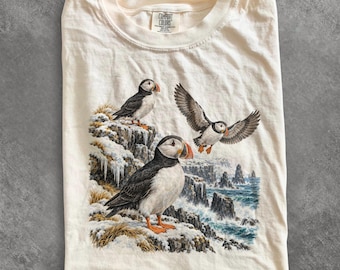 Maglietta con pulcinella di mare anni '90, maglione con pulcinella di mare atlantica, maglietta vintage con uccelli, maglietta con fauna selvatica costiera, felpa regalo per amanti delle pulcinelle di mare, maglietta per amanti della natura