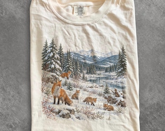 Maglietta con volpe invernale anni '90, felpa con famiglia di volpi rosse, maglietta vintage con animali selvatici, maglietta con volpe delle nevi, maglietta con animali del bosco, maglione regalo per amanti della natura