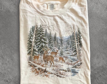 Maglietta invernale anni '90 con cervo dalla coda bianca, felpa vintage con cervo, maglietta con tema famiglia di cervi, maglietta invernale con animali selvatici, regalo per cacciatori di cervi, maglione con tema natura innevata