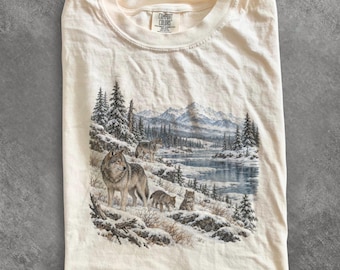 Maglietta invernale anni '90 con lupo, maglione grigio con lupo, maglietta della famiglia del lupo, maglietta vintage con animali selvatici, maglietta invernale con lupo, regalo per amanti della natura selvaggia, felpa