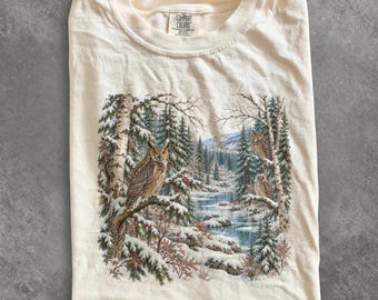 Maglietta invernale anni '90 con gufo, felpa con gufo reale, maglietta vintage con animali selvatici, maglietta con gufo delle nevi, regalo per amanti degli uccelli, maglione a tema natura e bosco