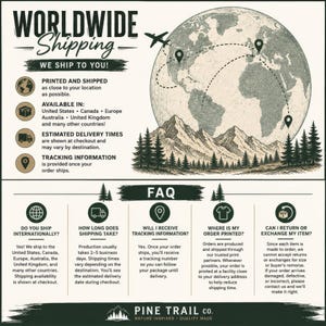K&ouml;nnte beinhalten: Eine informative Grafik mit einer Globus-Illustration, Flugrouten, Gebirgsz&uuml;gen und Kiefern. Der Text enth&auml;lt &Uuml;berschriften f&uuml;r Worldwide Shipping und FAQ, die Details zu Produktion, Lieferung, Sendungsverfolgung und R&uuml;ckgaberichtlinien erl&auml;utern.