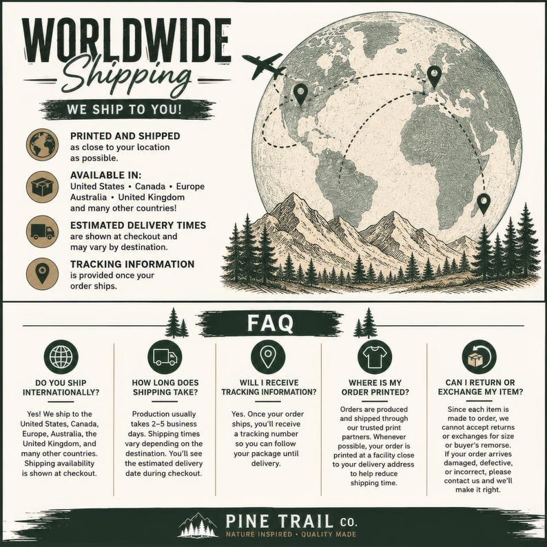 K&ouml;nnte beinhalten: Eine informative Grafik mit einer Globus-Illustration, Flugrouten, Gebirgsz&uuml;gen und Kiefern. Der Text enth&auml;lt &Uuml;berschriften f&uuml;r Worldwide Shipping und FAQ, die Details zu Produktion, Lieferung, Sendungsverfolgung und R&uuml;ckgaberichtlinien erl&auml;utern.
