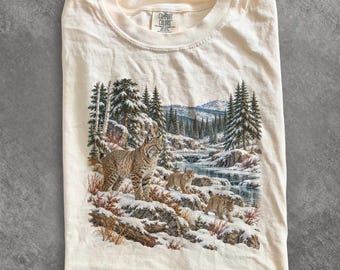 Maglietta con lince anni '90, maglione vintage con lince, maglietta con lince delle nevi per la famiglia, maglietta con felino selvatico, maglietta invernale, felpa unisex con animale di montagna come regalo
