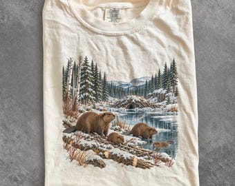 Maglietta invernale anni '90 con castoro, maglione con famiglia di castori delle nevi, maglietta vintage con animali selvatici, maglietta regalo per amanti dei castori, regalo con animali del bosco, felpa a tema natura