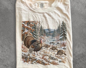Maglietta invernale anni '90 con tacchino selvatico, maglione per la famiglia con tacchino innevato, maglietta vintage con animali selvatici, regalo per gli amanti del tacchino invernale, felpa unisex con uccelli del bosco