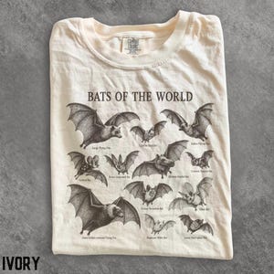 Può includere: Una t-shirt color crema con un'illustrazione a inchiostro nero intitolata BATS OF THE WORLD. La grafica mostra varie specie di pipistrelli con i loro nomi stampati sotto ciascuno, tra cui la grande volpe volante e il pipistrello fantasma.