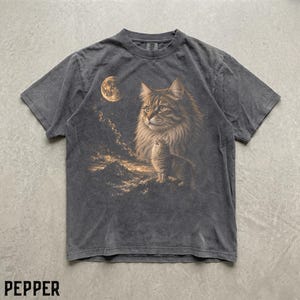 May include: A charcoal grey short-sleeve t-shirt featuring a graphic print of a large cat head and a smaller cat standing on a mountain peak under a full moon and starry sky. The shirt has a crew neckline and a faded, vintage-style wash finish.
