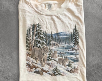 Maglietta con lince anni '90, maglione vintage con lince canadese, maglietta con lince delle nevi per la famiglia, maglietta con animali selvatici, maglietta invernale con lince, felpa unisex con animali del bosco come regalo