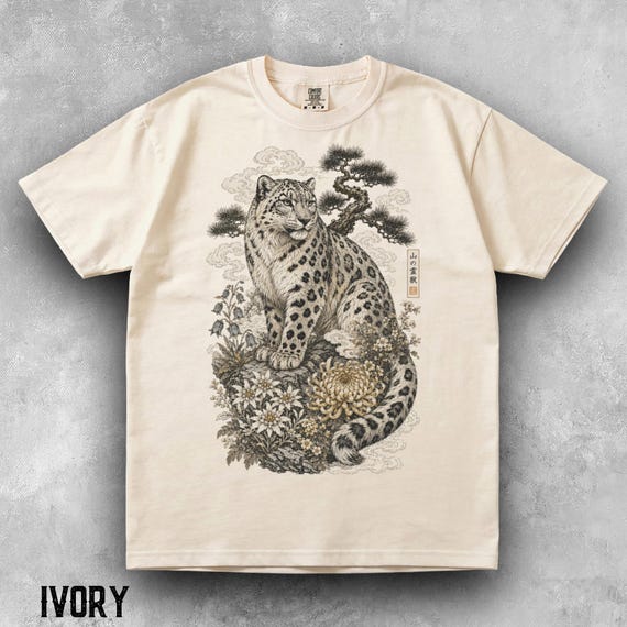 Japanese Snow Leopard Shirt, Mountain Leopard Tee, Japanese Wildlife Shirt, Big Cat Lover Gift, Botanical Nature Graphic Tee, comfort colors