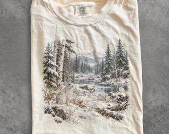 Maglietta invernale anni '90 con lepre e racchette da neve, felpa con famiglia di conigli, maglietta vintage con animali selvatici, maglietta con coniglietto delle nevi, maglione del bosco, regalo per amanti della natura